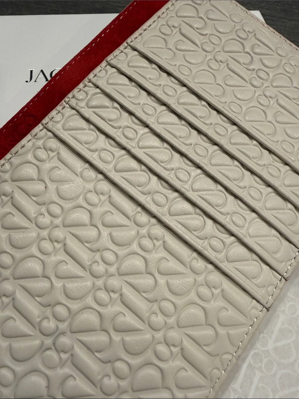 Jacob & Co Genève Women's Embossed purse organizer in Cream with Red Trim